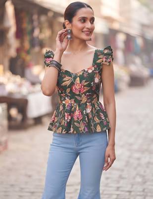 Green cotton printed top for women 3