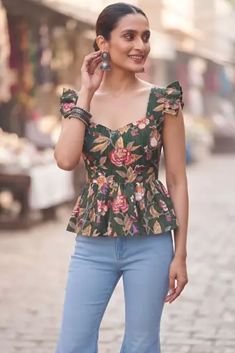 Green cotton printed top for women