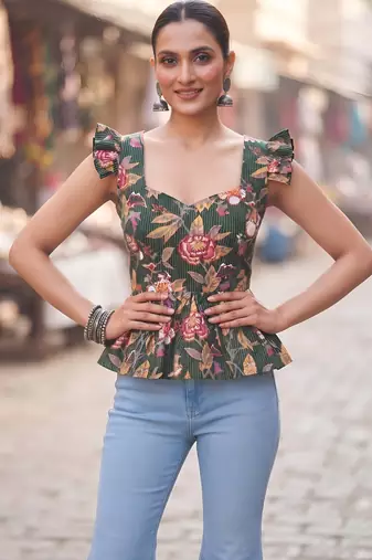 Green cotton printed top for women