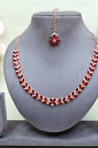Maroon color rhodium plating festive wear designer necklace set