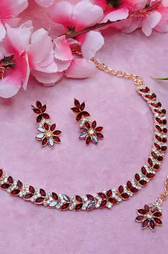 Maroon color rhodium plating festive wear designer necklace set