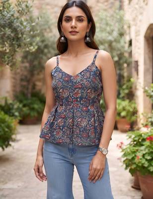 Blue cotton printed top for women 1