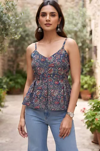 Blue cotton printed top for women