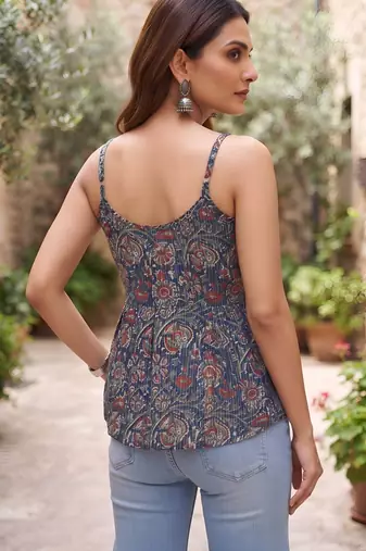 Blue cotton printed top for women