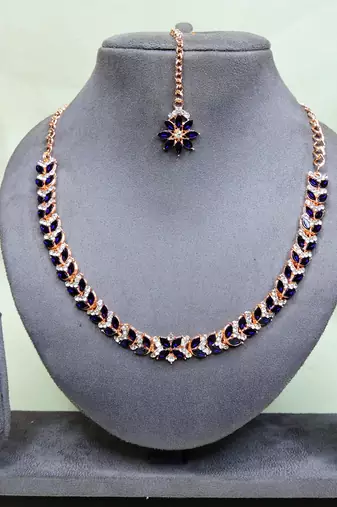 Blue color rhodium plating festive wear designer necklace set