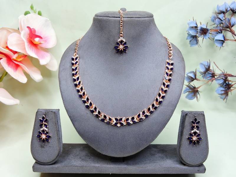 Blue color rhodium plating festive wear designer necklace set