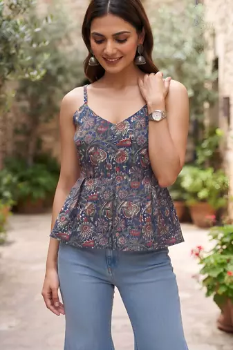 Blue cotton printed top for women