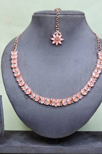 Pink color rhodium plating festive wear designer necklace set