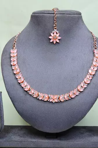 Pink color rhodium plating festive wear designer necklace set