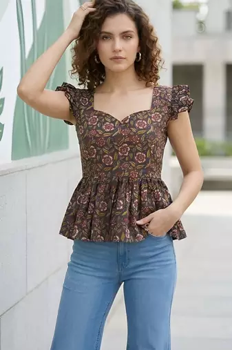 Black cotton printed top for women