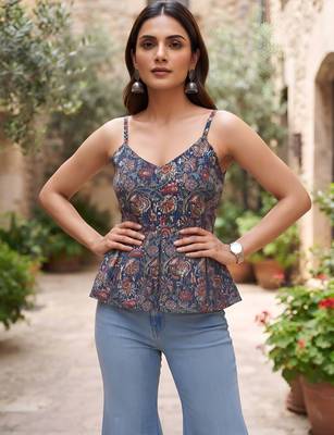 Blue cotton printed top for women 4
