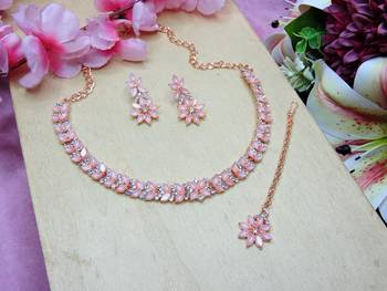 Pink color rhodium plating festive wear designer necklace set 2