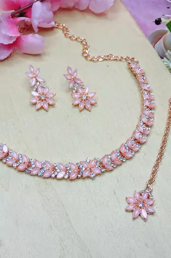 Pink color rhodium plating festive wear designer necklace set