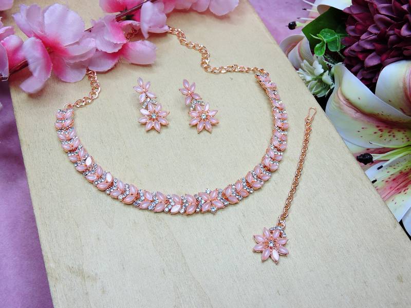 Pink color rhodium plating festive wear designer necklace set