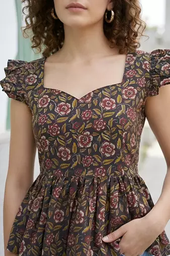Black cotton printed top for women