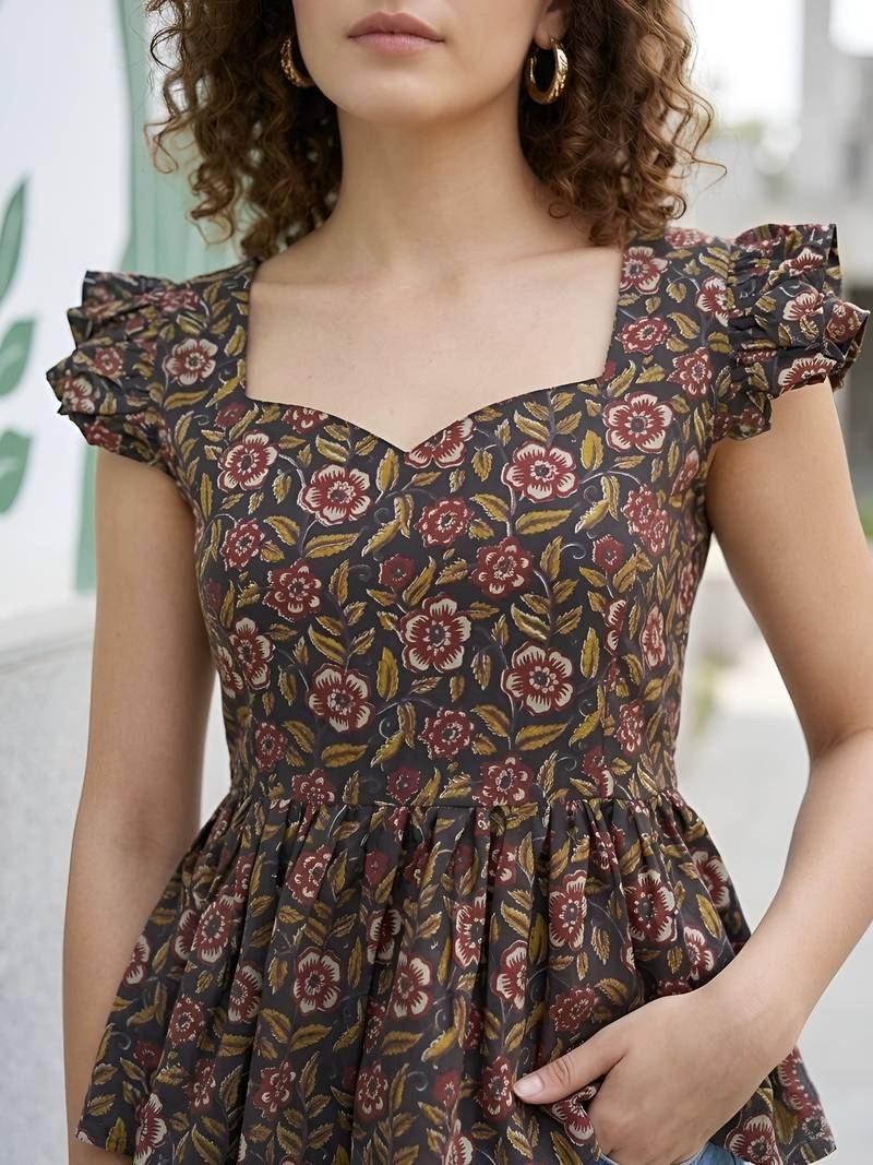 Black cotton printed top for women