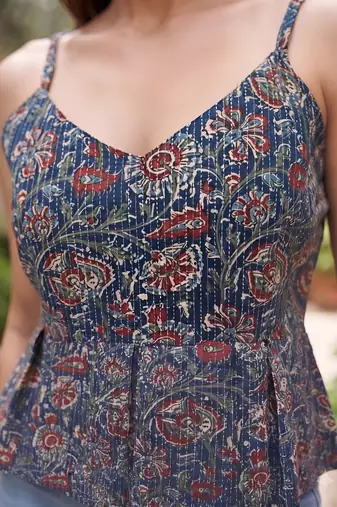 Blue cotton printed top for women