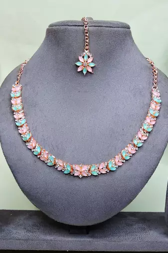 Green color rhodium plating festive wear designer necklace set