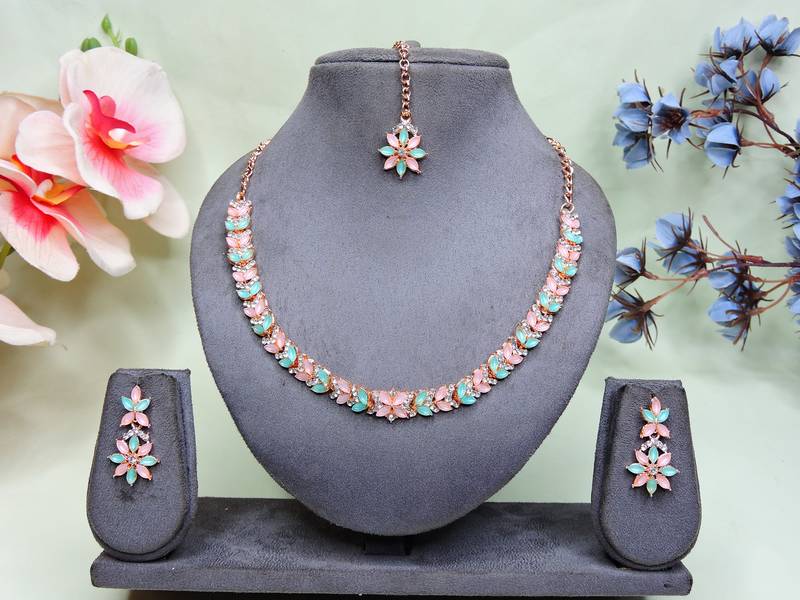 Green color rhodium plating festive wear designer necklace set