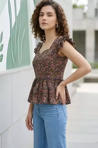 Black cotton printed top for women