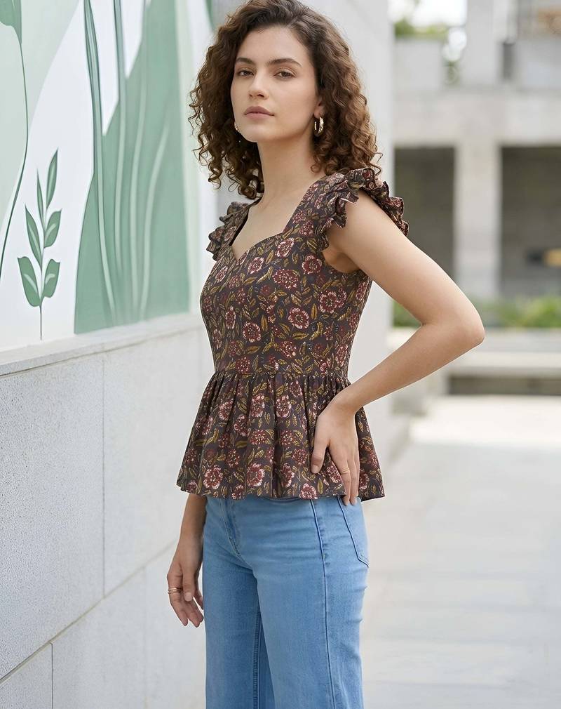 Black cotton printed top for women