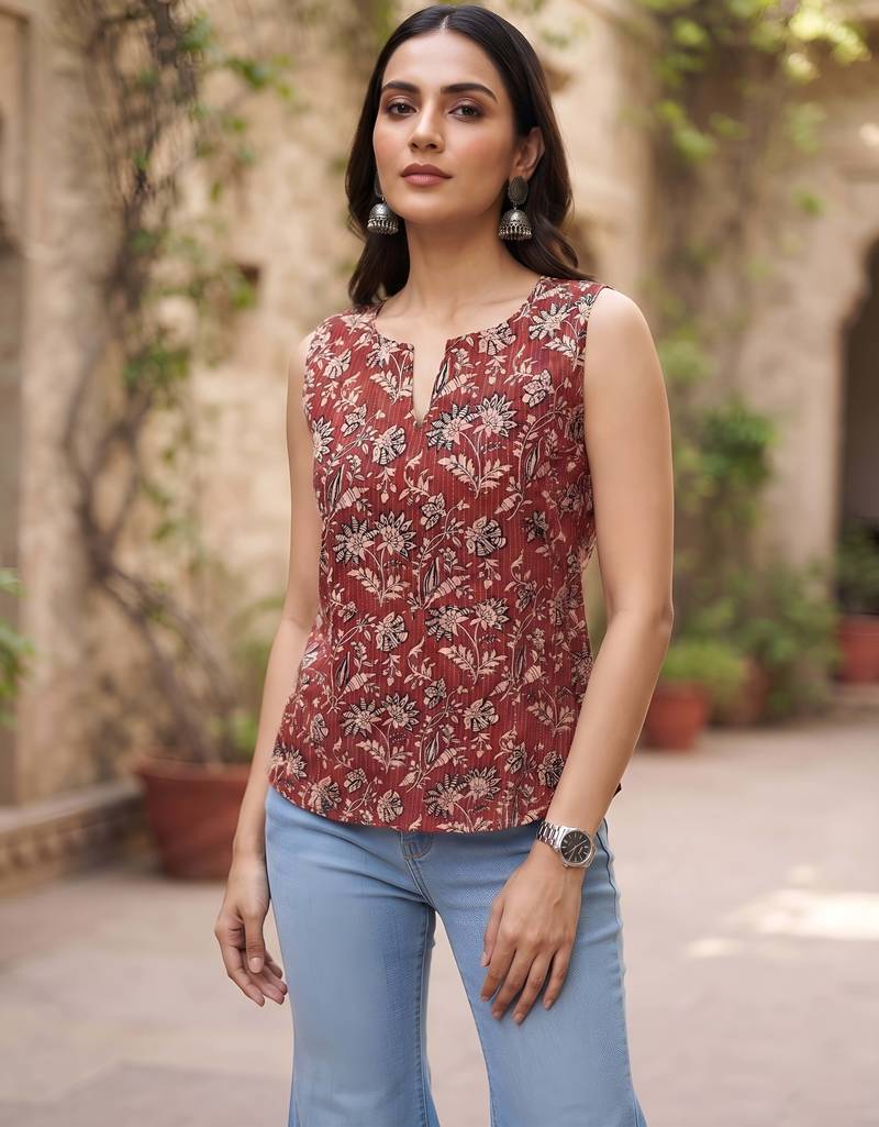 Maroon cotton printed top for women