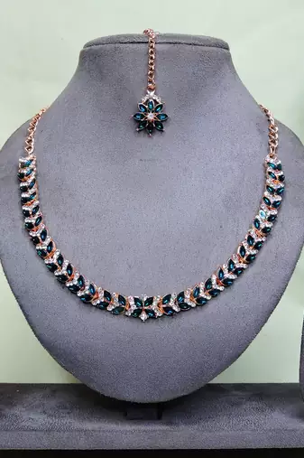 Green color rhodium plating festive wear designer necklace set