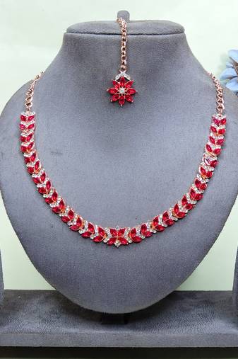Pink color rhodium plating festive wear designer necklace set