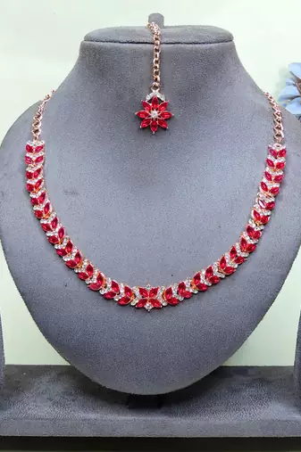 Pink color rhodium plating festive wear designer necklace set