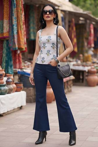 Grey cotton printed top for women