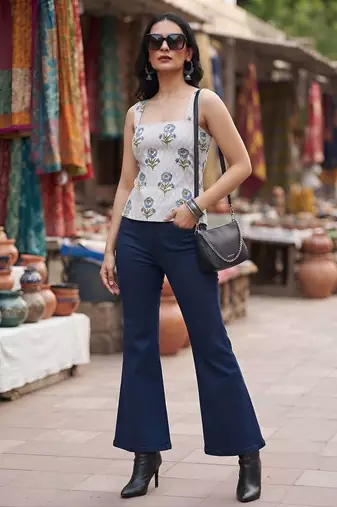 Grey cotton printed top for women