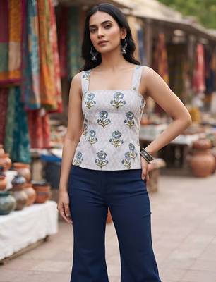 Grey cotton printed top for women 2