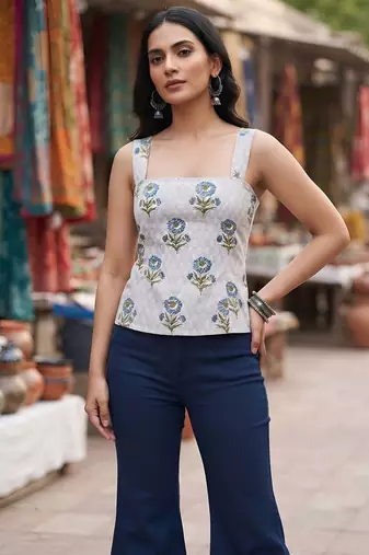 Grey cotton printed top for women