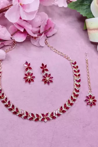 Pink color rhodium plating festive wear designer necklace set