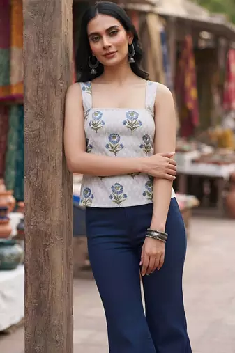 Grey cotton printed top for women