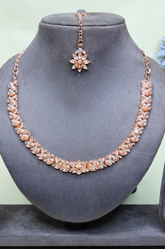 Pink color rhodium plating festive wear designer necklace set