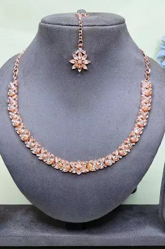 Pink color rhodium plating festive wear designer necklace set