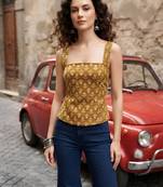 Mustard cotton printed top for women