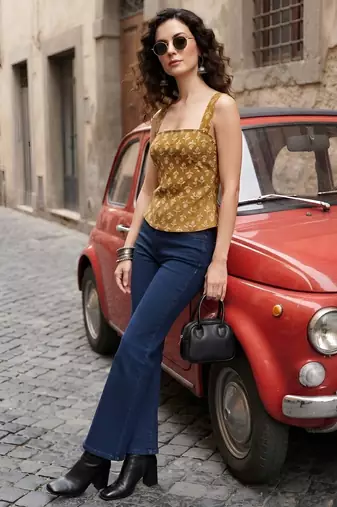 Mustard cotton printed top for women