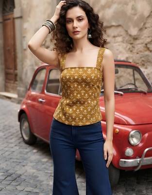 Mustard cotton printed top for women 4