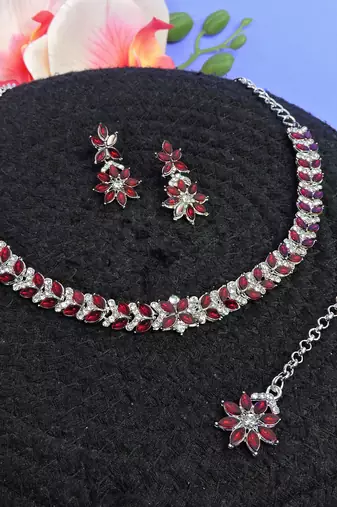 Maroon color rhodium plating festive wear designer necklace set
