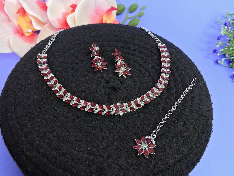 Maroon color rhodium plating festive wear designer necklace set