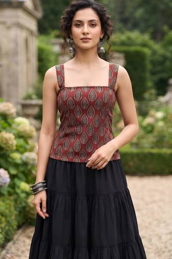 Maroon cotton printed top for women