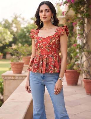 Red cotton printed top for women 1
