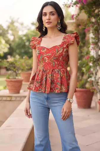 Red cotton printed top for women