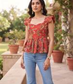 Red cotton printed top for women