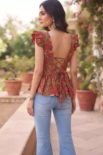 Red cotton printed top for women
