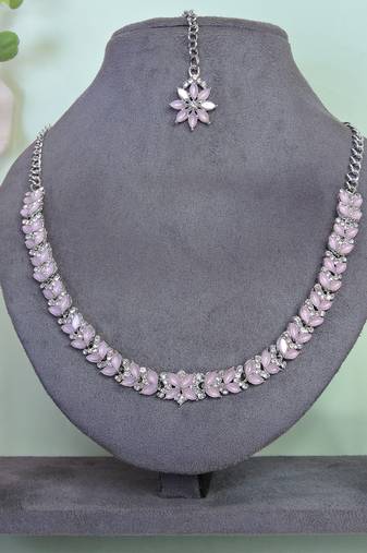 Pink color rhodium plating festive wear designer necklace set