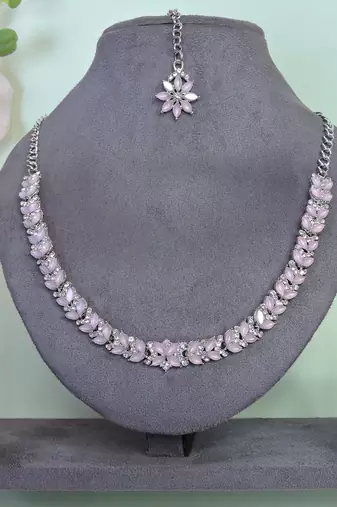 Pink color rhodium plating festive wear designer necklace set