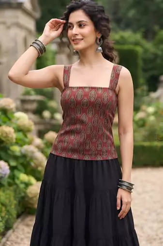 Maroon cotton printed top for women